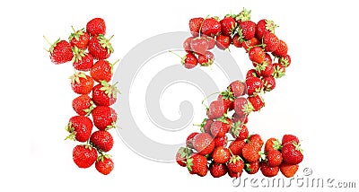 Numbers alphabet of red ripe strawberries. Stock Photo