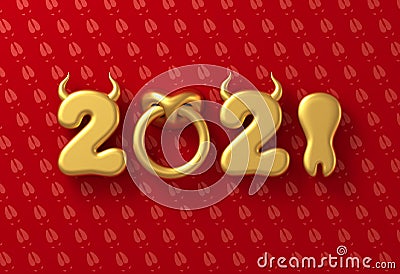 2021 With Numbers As Bull Horns, Hoof And Nose Ring On Red Background. Concept Of Chinese New Year Of The Ox. Stock Photo