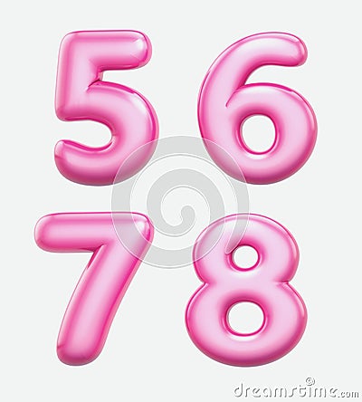 Numbers 5, 6, 7, 8,bublle. Font bubble gum. 3D render set of pink cartoon. Bubble Gum isolated on white background. Stock Photo