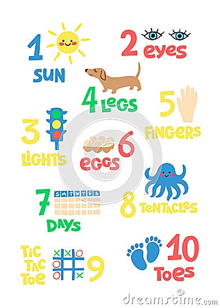 Numbers and counting practice printable poster, worksheet for pre school, kindergarten kids. Colorful numbers flashcard Vector Illustration