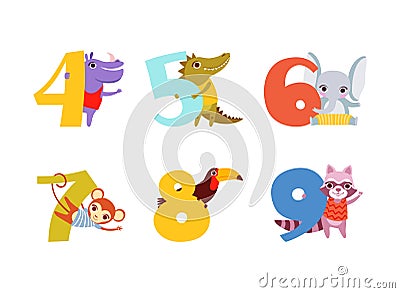 Numbers and cute animals set. Birthday anniversary numbers with hippo, crocodile, elephant, monkey, toucan, raccoon Vector Illustration