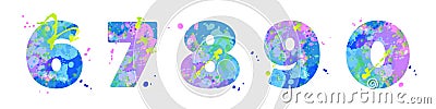 Numbers 67890 with effect of liquid spots of paint in blue, green, pink colors Vector Illustration