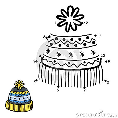 Numbers game, dot to dot, hat with winter ornament Vector Illustration