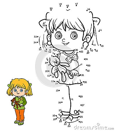 Numbers game, little Girl and teddy bear Vector Illustration