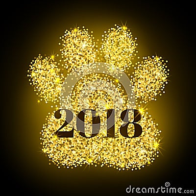 Numbers 2018 on gold paw print glitter next new year, calendar front page design. Dog- symbol 2018 year of Oriental calendar Vector Illustration