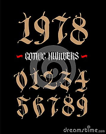 The numbers are in the Gothic style. Vector. Symbols isolated on white background. Calligraphy and lettering. Medieval figures. Vector Illustration