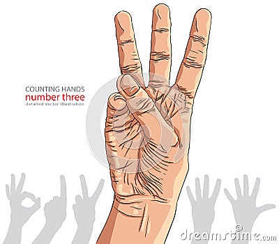 Numbers hand signs set, number three, detailed vector illustration. Vector Illustration