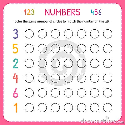 Numbers for kids. Worksheet for kindergarten and preschool. Training to write and count numbers. Coloring exercises for children Vector Illustration