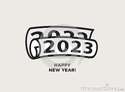 2023 numbers rolled newspaper. Happy New Year event poster, greeting card cover, 2023 calendar design, invitation to Vector Illustration