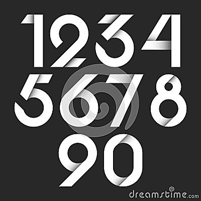 Numbers set, white wide line style with 3d effect shadows, idea numerals typography design element, math bold symbols collection Vector Illustration