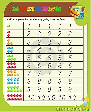 Numbers from 0 to 9, handwriting tracing practice sheet, writing training for children, kids preschool activity, educational game, Stock Photo