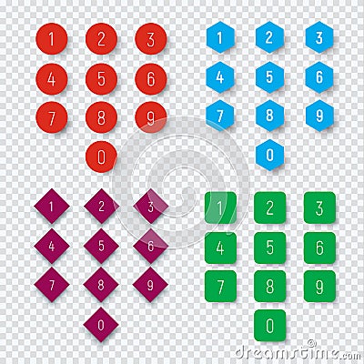 Numbers from 0 to 9 on a round, square, hexagonal and rhombic bu Vector Illustration