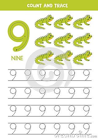 Numbers tracing practice. Writing number nine. Cute cartoon iguanas. Vector Illustration