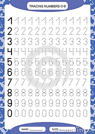 Numbers 0-9. Tracing Worksheet for kids. Preschool worksheet, practicing motor skills - tracing dashed lines. A4 purple. Vector Illustration