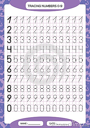 Numbers 0-9. Tracing Worksheet for kids. Preschool worksheet, practicing motor skills - tracing dashed lines. A4 purple Vector Illustration