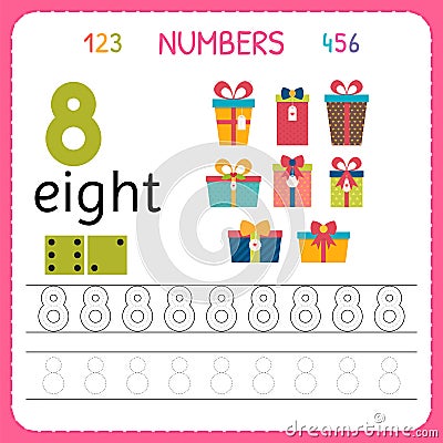 Numbers tracing worksheet for preschool and kindergarten. Writing number Eight. Exercises for kids. Mathematics games Vector Illustration