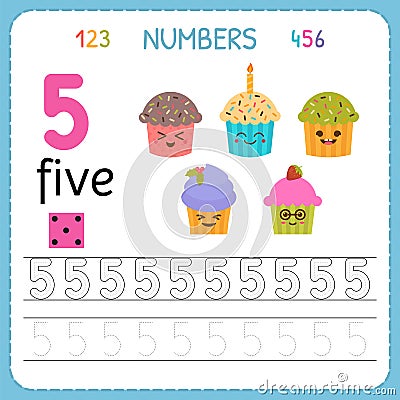 Numbers tracing worksheet for preschool and kindergarten. Writing number Five. Exercises for kids. Mathematics games Vector Illustration