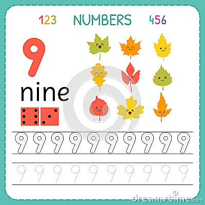 Numbers tracing worksheet for preschool and kindergarten. Writing number Nine. Exercises for kids. Mathematics games Vector Illustration