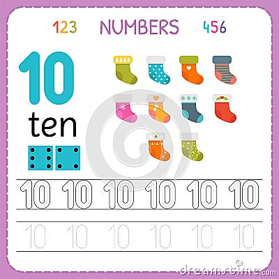 Numbers tracing worksheet for preschool and kindergarten. Writing number Ten. Exercises for kids. Mathematics games Vector Illustration