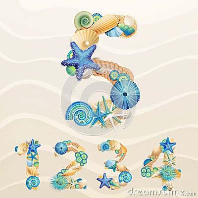 Numbers, vector sea life font on sand background. Vector Illustration