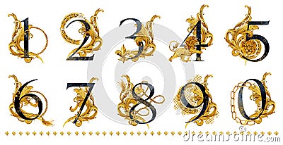 Numbers. vintage gold damask curl script. love text. Stock Photo
