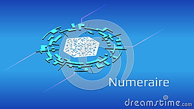 Numeraire NMR isometric token symbol of the DeFi project in digital circle on blue background. Vector Illustration