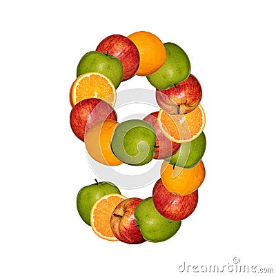Numeral nine made of colorful fruits, collage Isolated on white background Stock Photo