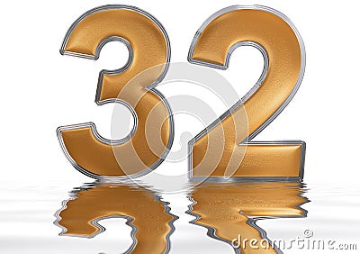 Numeral 32, thirty two, reflected on the water surface, Stock Photo