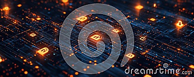 Numeric symbols and locks spread across a glowing digital network in a dark environment Stock Photo
