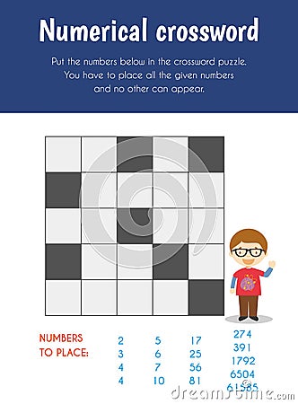 Numerical crossword Educational Sheet. Primary module for Logic Reasoning. 5-6 years old Vector Illustration