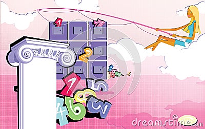 Numerology. Fortunetelling. A girl sitting on a cloud is fishing figures from chest drawers. Pink background with a bunch of Stock Photo