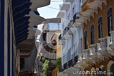 Numerous balcony's in old town Cartagena Stock Photo