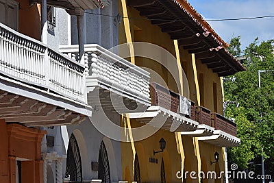 Numerous balcony's in old town Cartagena Stock Photo