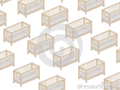 Numerous cribs against isolated background, 3d rendering. Demographics issue and baby boom, having children, furniture for a Stock Photo