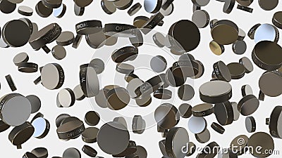 Numerous floating black Hockey Pucks on a Simple Light Background Stock Photo