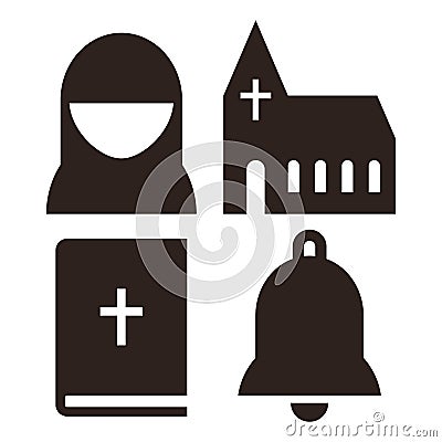 Nun, church, bible and bell icons Vector Illustration