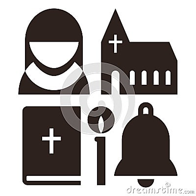 Nun, church, bible, candle and bell icons Vector Illustration