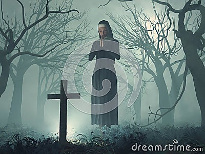 Nun in prayer before cross Stock Photo