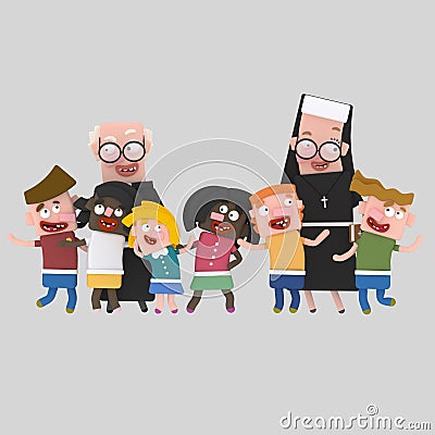 Nun and priest playing with children 3D Cartoon Illustration