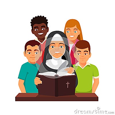 Nun is reading Holy Bible to mixed race teens Vector Illustration