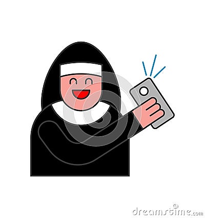 Nun of Selfie. Catholic religious woman photographed on phone Vector Illustration