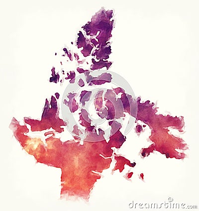 Nunavut Territory watercolor map of Canada in front of a white b Cartoon Illustration