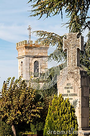 War monument and belfry in Almeida, Portugal Stock Photo