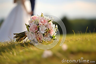 Nuptial scene Wedding bouquet rests on grass with married couple Stock Photo