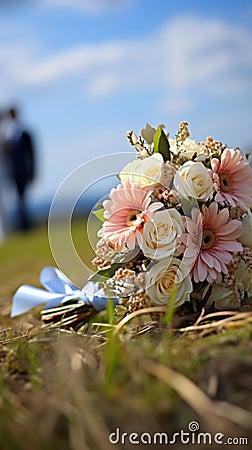 Nuptial scene Wedding bouquet rests on grass with married couple Stock Photo