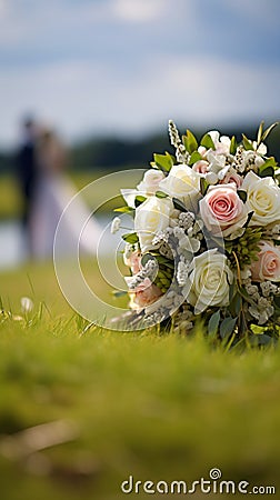 Nuptial scene Wedding bouquet rests on grass with married couple Stock Photo