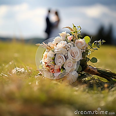 Nuptial scene Wedding bouquet rests on grass with married couple Stock Photo