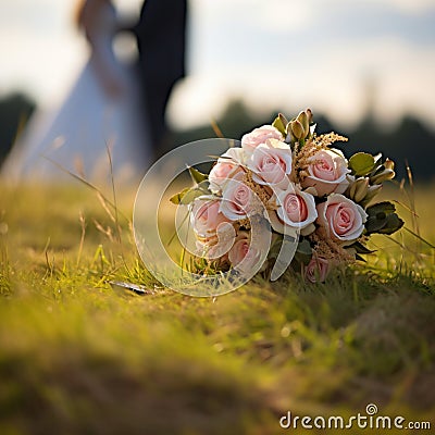 Nuptial scene Wedding bouquet rests on grass with married couple Stock Photo