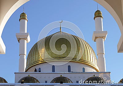 NUR-SULTAN, ASTANA, KAZAKHSTAN - JUNE 3, 2015: Golden dome of white Nur Astana mosque with half moon on the top inside beautiful Editorial Stock Photo