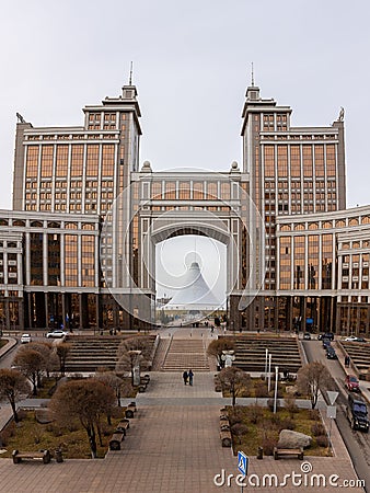 Skyline of Nur Sultan Astana with monumental city Gate, Kazakhstan. Editorial Stock Photo